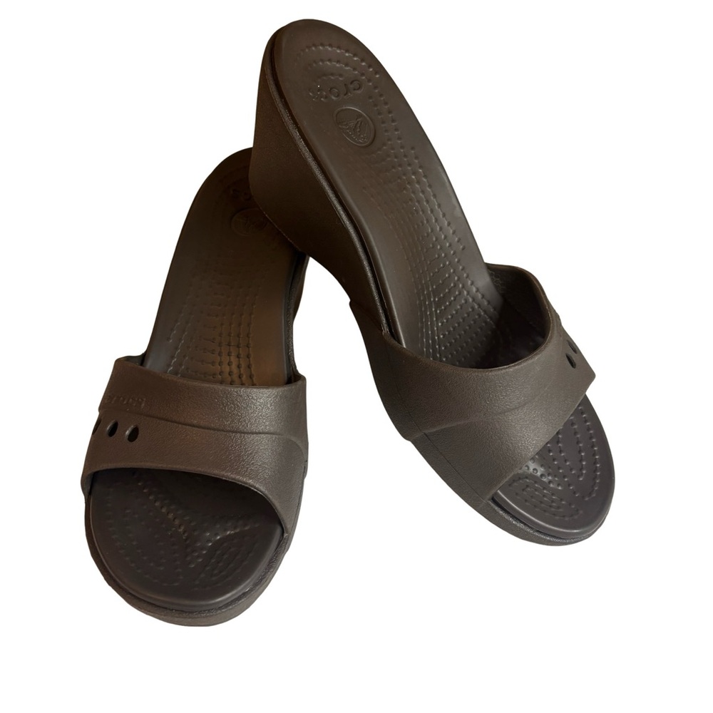 Crocs Kadee Brown Wedge Heel Slide Sandals Ss 8 Women's Open Toe